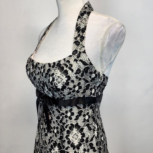 Cache Halter Lace Tulle Dress Size 6 Black Ivory Asymmetric Goth Prom Wedding - Picture 7 of 16